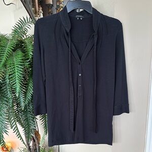 THEORY Collared Knit Black Tunic Button Front 3/4 Sleeve Tie Bow Cotton Top